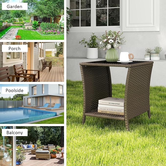 Kinfant Rattan Patio Side Table - Modern Wicker End Table, PE Rattan Coffee Table with Glass Top, Weather-Resistant Patio Furniture for Patio, Balcony, Garden, and Poolside (1, Sesame)