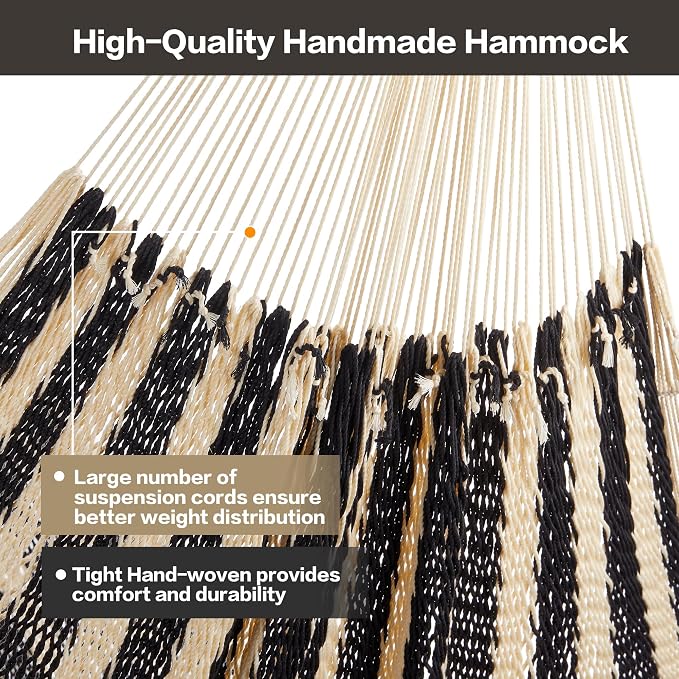 CHULIM Handwoven Mayan Hammock with 10ft Tree Straps, 550lbs Capacity Soft Rope Double Hammock, Portable Outdoor Hammock with Carry Bag for Camping Backyard Beach - Black White Stripe