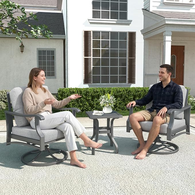 Outdoor Swivel Rocking Chairs, 3 Piece Metal Patio Rocking Chair w/Coffee Table, Aluminum Patio Bistro Furniture Set with 5" Thickened Cushions for Porch, Backyard, Balcony, Gray