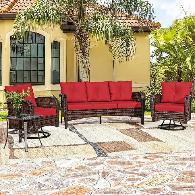 4 Pieces Patio Set, 73" Rattan Loveseat Sofa, Coffee Table, Wicker Swivel Glider Chairs, Cushion with Water Resistant Cover, Outdoor Conversation Furniture, Couch for Sunroom (Navy Blue)