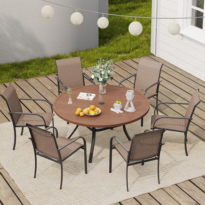 VICLLAX Round Outdoor Dining Set, Patio Table and Chairs Set Set of 6 Patio Stackable Chairs and 47" Outdoor Round Table with Umbrella Hole for Backyard Lawn Garden, Brown Chairs and Walnut Table