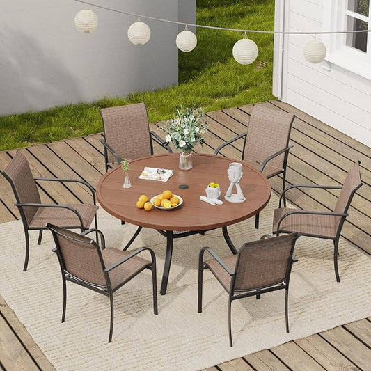 VICLLAX Round Outdoor Dining Set, Patio Table and Chairs Set Set of 6 Patio Stackable Chairs and 47" Outdoor Round Table with Umbrella Hole for Backyard Lawn Garden, Brown Chairs and Walnut Table