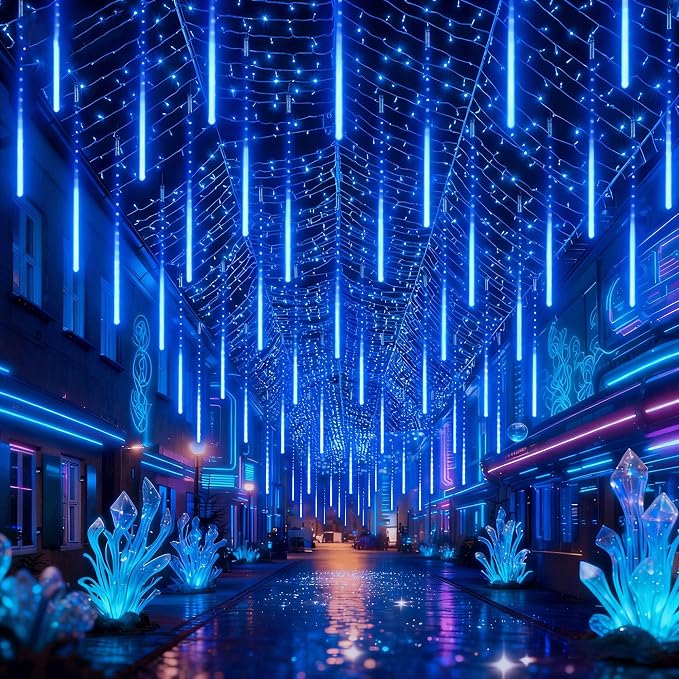 EEIEER Meteor Shower Lights, 11.8 inches 10 Tubes 240 LED Christmas Meteor Lights Snowfall Light for Outdoor Decoration, Waterproof Falling Rain Drop Light for Garden Tree Party Holiday-Blue