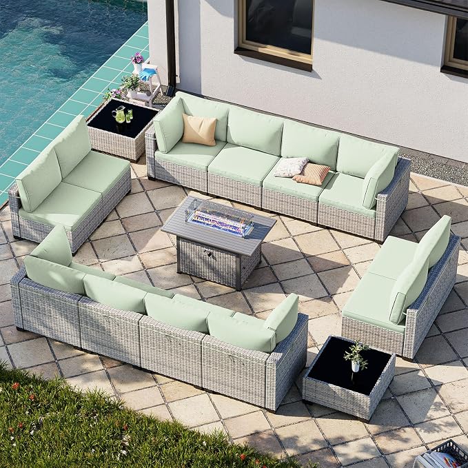 15-Piece Patio Furniture Set, Outdoor Patio Furniture with 55,000 BTU Fire Pit Table, Thick Cushions, Modular Patio Sofa, Dual-Strand Wicker Rattan, Rust-Resistant Frame, Light Green