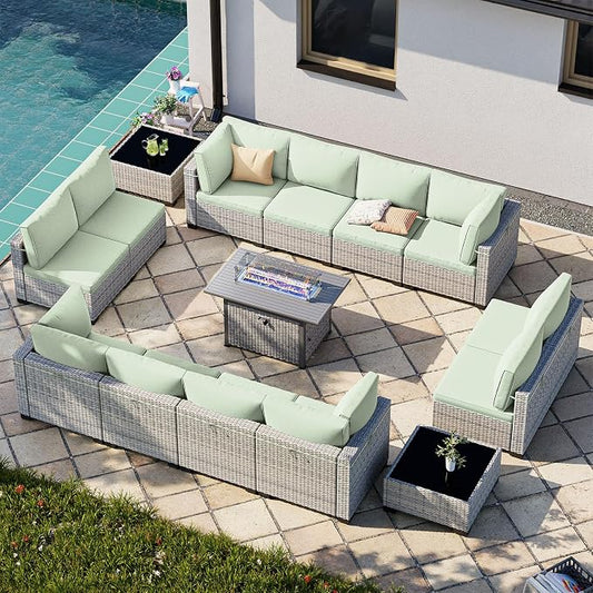 15-Piece Patio Furniture Set, Outdoor Patio Furniture with 55,000 BTU Fire Pit Table, Thick Cushions, Modular Patio Sofa, Dual-Strand Wicker Rattan, Rust-Resistant Frame, Light Green