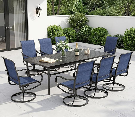 PHI VILLA 9 Piece Outdoor Dining Set, 82'' Metal Table & Blue Swivel Chairs | Textilene mesh chairs and large rectangle table. All-weather patio furniture set designed for patio, deck, backyard