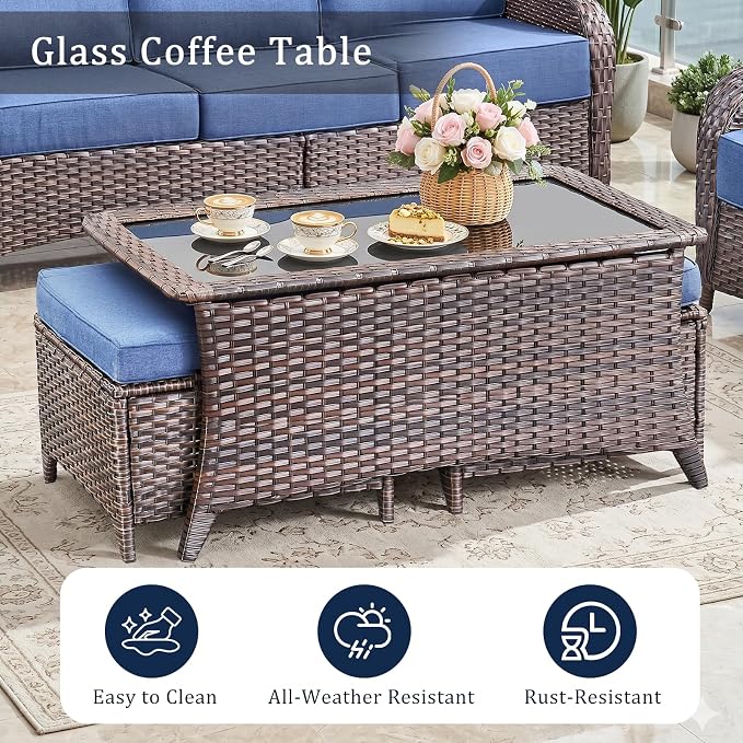 Luxury 6" Thick Cushion 9 Pieces Wicker Patio Furniture Set with High Back Swivel Rocker Chairs, Outdoor Conversation Set with Patio Couch for Deck Porch Yard and Poolside