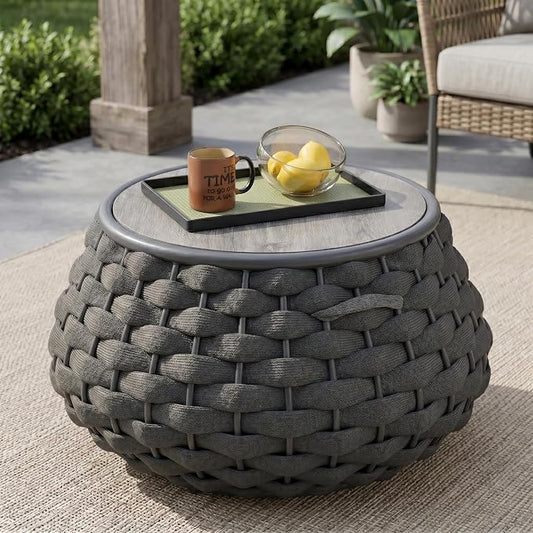 28 inch Outdoor Side Table, Large Patio End Table with Removable Lid Round Accent Side Tables with Metal Frame and Hollow Out Bottom for Patio, Balcony Porch, Poolside, Garden, Yard (Gray)