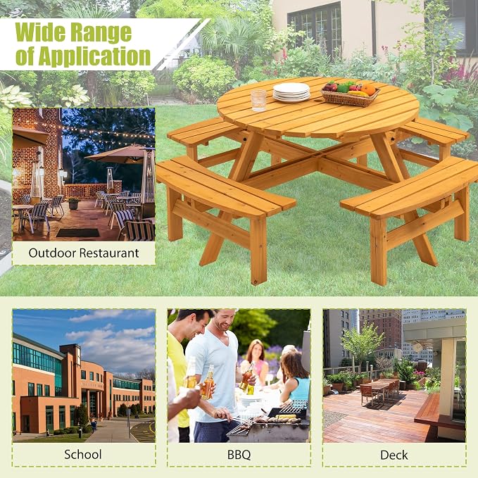 Thanaddo 8-Person Outdoor Circular Wooden Picnic Table, Camping Dining Table w/ 4 Built-in Benches, Outside Table Set with Umbrella Hole, 2220lb Capacity for Garden Patio Backyard - Natural