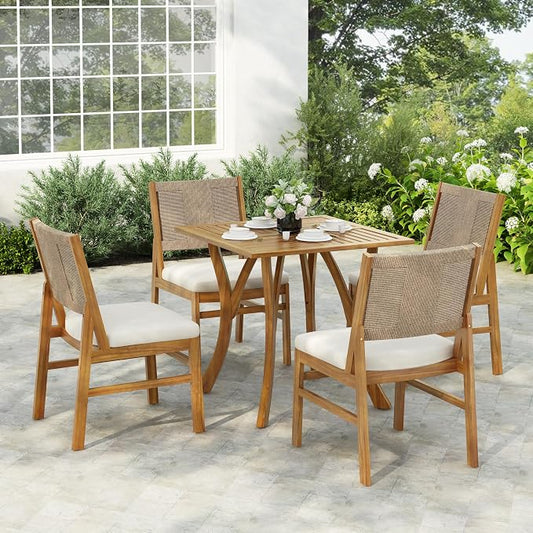 Christopher Knight Home 5 Piece Outdoor Dining Set Acacia Wood Square Table and 4 Light Brown Wicker Chairs with Cream Cushions Teak Finish Patio Furniture Set for Garden Backyard Balcony