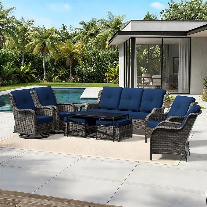 Joyside 9 Piece Wicker Patio Furniture Set, Outdoor Swivel Rocker Patio Chairs with High Back, Deep Seating, Wide Armrest, Thickened Cushions, Outdoor Furniture for Deck, Porch Use