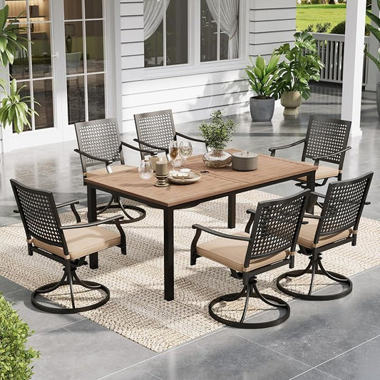 Sophia & William 7 Pieces Patio Dining Set,64" Rectangle Metal Table with Umbrella Hole,Swivel Chairs with Seat Cushions, Outdoor Conversation Furniture for Porch Backyard Balcony Deck