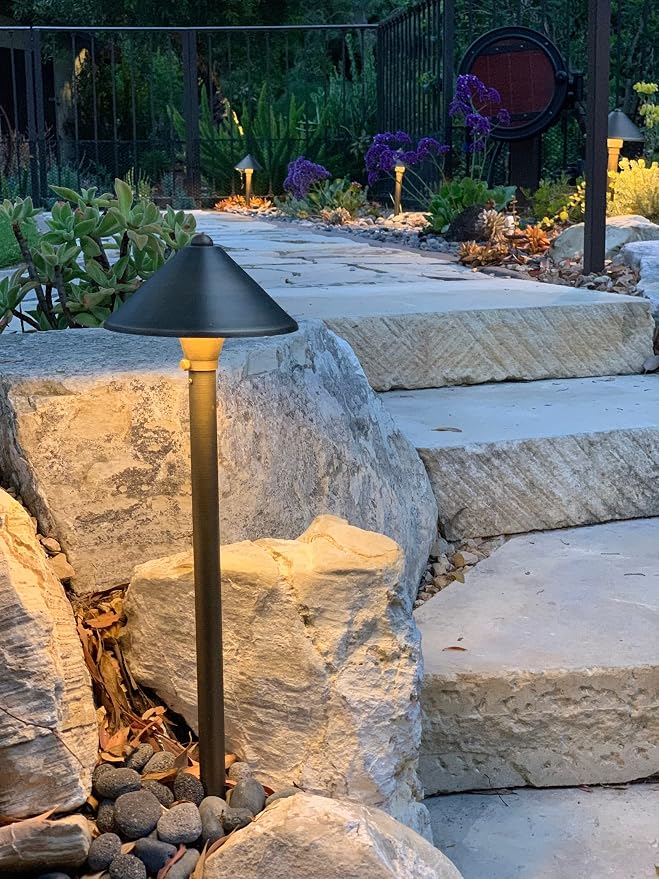 VOLT 15-Pack 12V Conehead Brass Path Lights (Bronze) & 3W 2700K LED Bulbs | 300 Lumens of Warm White Light, Low Voltage, Ideal for Pathway Walkway Garden Driveway or Patio