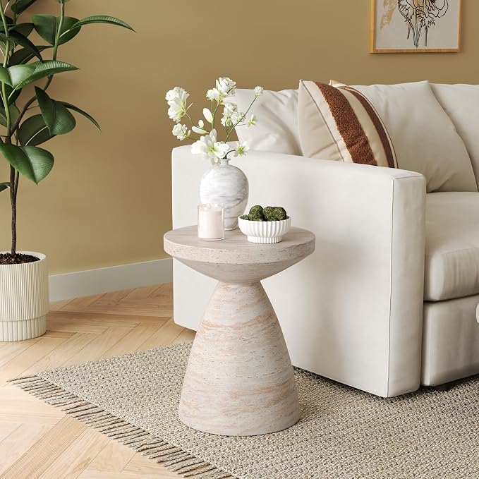 Christopher Knight Home Jayme 20.25" Indoor Outdoor Hourglass Accent Side Table, Patio Decorative End Table, Lightweight Concrete Garden Stool for Patio Living Room Balcony & Garden Decor, Travertine