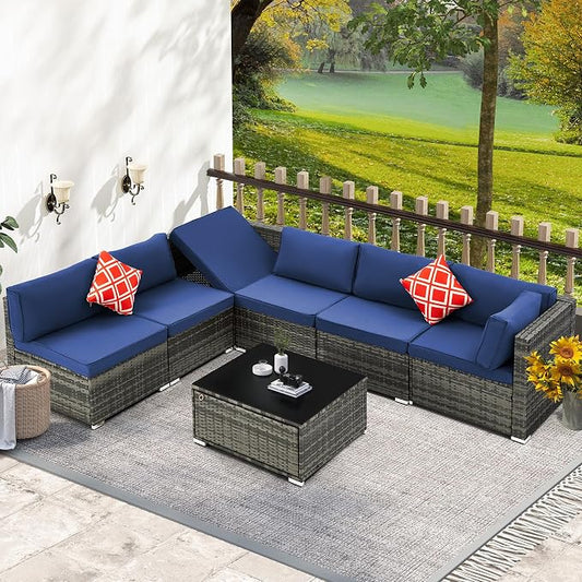 7 Piece Patio Furniture Set with Adjustable Bracket Wicker Rattan Patio Conversation Sets Outdoor Sectional Sofa Set with Wood Table and Cushions for Porch Lawn Garden, Navy Blue