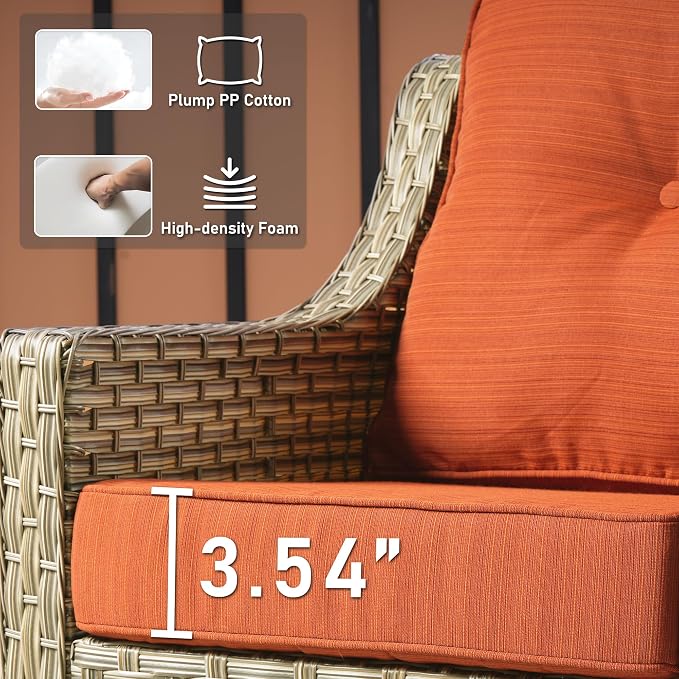 HOOOWOOO 6 Piece Patio Furniture Conversation Sets with Sola Light Table,Outdoor Wicker Furniture with Ottoman, All Weather Resistant Outside High Back Rattan Patio Set(Orange Red)