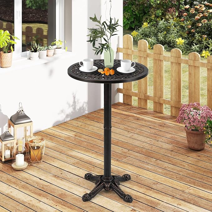 Tangkula 24" Outdoor Round Bar Table, Cast Aluminum Heavy Duty Patio High Table with Stable Cross-Shaped Base, for Garden Porch Balcony or Poolside