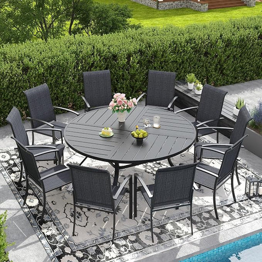 DIFY 11 Pieces Outdoor Dining Set, Metal Patio Table and Chairs Set for 10 with Umbrella Hole, 59.8" Round Dining Table and Textilene Stackable Patio Chairs for Garden Backyard Deck, Black
