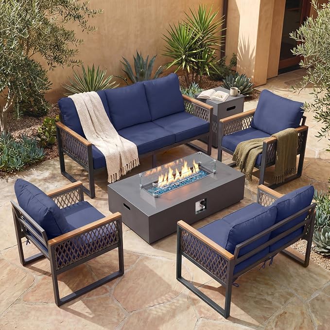UPHA 7 Pieces Patio Furniture Set with 56" Propane Gas Fire Pit Table, Metal Outdoor Sectional Couch Set with Loveseat & 3-Seat Sofa, Modern Patio Conversation Set for Porch Balcony Deck, Navy Blue