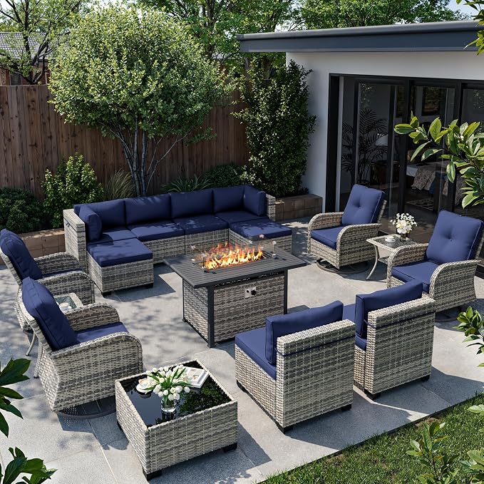 16-Piece Outdoor Patio Furniture Set with Rocking Swivel Chair, Wicker Rattan Sectional Sofa Conversation Set with 55,000 BTU Fire Pit Table with Ottomans, Backyard Furniture, Navy Blue