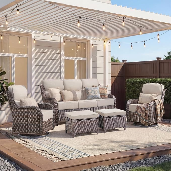 Luxury 5 Piece Patio Furniture Set-All Weather Outdoor Swivel Rocker Chairs with 6" Thick Cushions Multifunctional Ottoman Rattan Patio Conversation Sets for Porch Deck Garden Backyard(Brown/Beige)