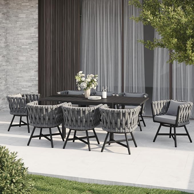 Grand patio 9-Piece Outdoor Dining Set for 8, Patio Dining Furniture Set for 8 Swivel Rope Wicker Chairs & 1 Expandable Rectangular Dining Table, Dark Grey