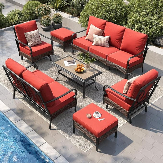 PHI VILLA Patio Furniture Set, Extra Large Wicker & Metal Outdoor Conversation Set Patio Sectional Sofa Set with Rocking Chair & Waterproof Thick Cushions for Porch, Poolside, Deck(7 Pieces, Red)