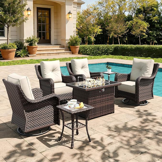 7 Pieces Outdoor Furniture Set with 6-inch Cushions, High Back Wicker Swivel Rocker Chairs with Fire Pit Table, Luxury Conversation Set for Deck Patio and Poolside