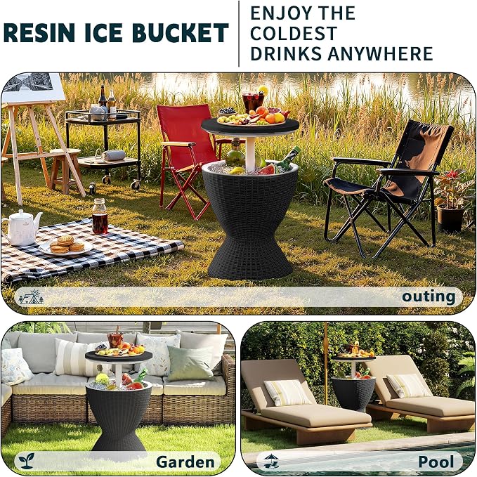 ROJIK 3-in-1 Resin Ice Bucket & Beverage Cooler – Wood Look Patio Table, UV Protection & Drain Plug for Outdoor Parties, Bars, and Poolside Use