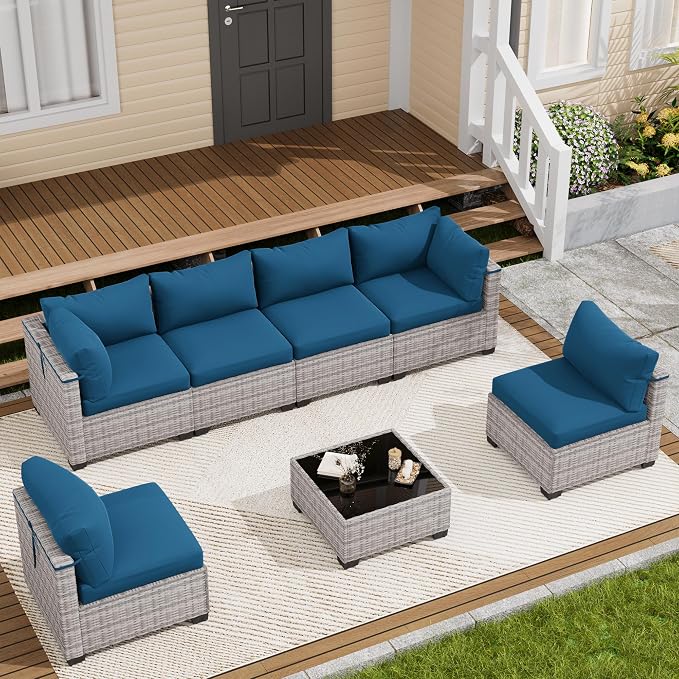 LOUVIXA 7 Piece Outdoor Patio Furniture Set, Outdoor Sectional Sofa, Wicker Rattan Patio Furniture, Patio Conversation Set with Coffee Table & Cushions