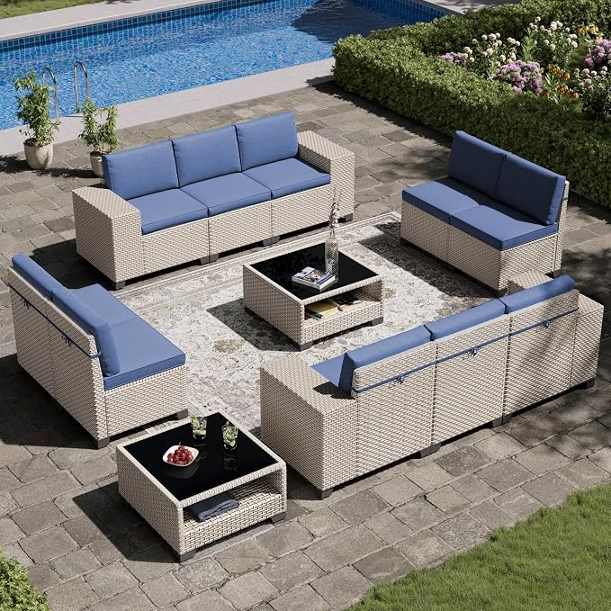 12-Piece Outdoor Patio Furniture Set, Modular Sectional Sofa Set with Glass Coffee Table and Cushions, Wicker Outdoor Couch Conversation Sets, Blue