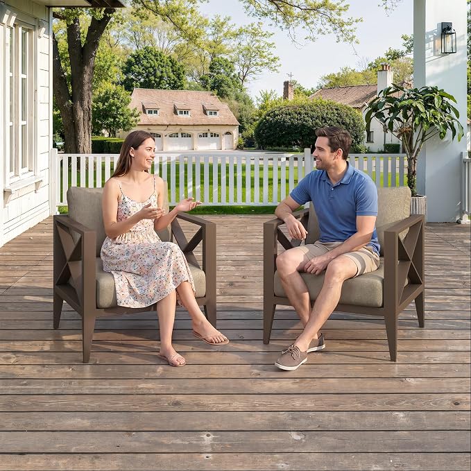 2 Piece Aluminum Patio Furniture Set, Modern Outdoor Patio Conversation Sets with Ergonomic Armhairs, 6" Thick Washable Cushions for Balcony, Porch, Backyard,Brown