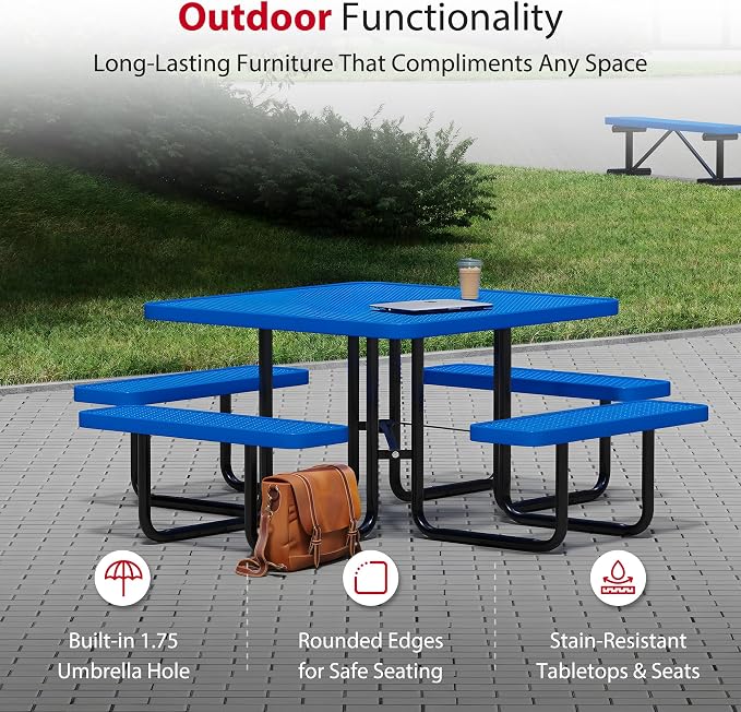 Leisure Craft Metal Picnic Table with Bench - 46" Square Outdoor Dining Table for 8 with Umbrella Hole, Weatherproof Heavy Duty Thermoplastic Coating, Commercial Grade Furniture Made in USA - Blue