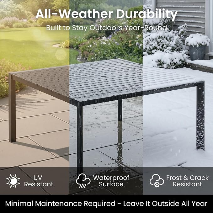 Crestlive Products Square Outdoor Dining Table for 8, 56" Aluminum Patio Table with Umbrella Hole Weather-Resistant Outside Table for Garden Backyard Deck, Black
