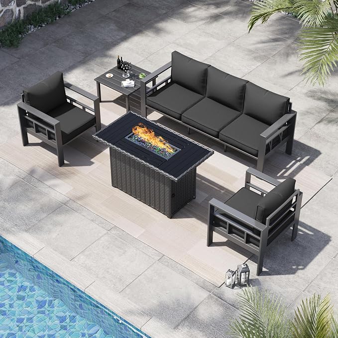 5 Piece Aluminum Patio Furniture Set with 44" Fire Pit Table & Thick Cushions, Aluminum Outdoor Sectional Conversation Set with Coffee Table for Porch, Backyard, Garden(Grey/Dark Grey-2)