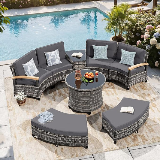 MEISSALIVVE 8-Piece Half-Moon Curved Outdoor Patio Furniture Set, Sectional Conversation Sofa with 2 Half-Moon Ottomans, Round Coffee Table for Backyard Deck Garden, Grey