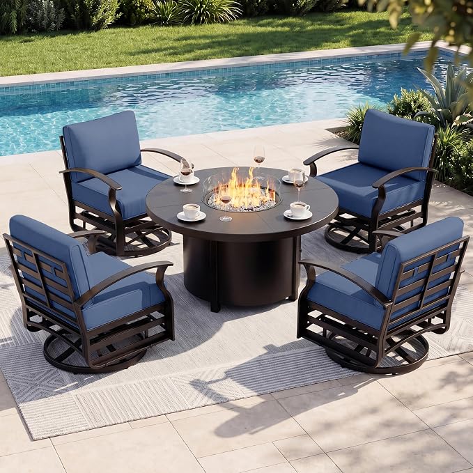 Aluminum Outdoor Patio Furniture Set,5 Pieces 4 Seats Patio Conversation Sets with 48" Round Propane Fire Pit Table,Metal Furniture Set with Thick Cushion,Navy Blue