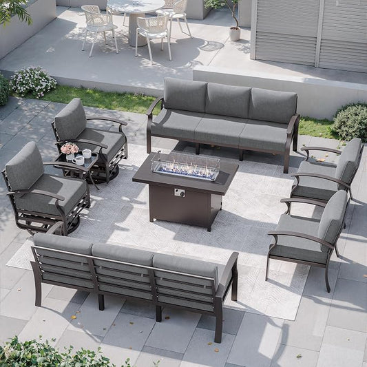 Kurapika Aluminum Patio Furniture Set 10-Seat Modern Metal Outdoor Conversation Sets w/45in Propane Fire Pit Table, Swivel Rocking Chairs Patio Sectional Sofa w/5.1 Inch Cushion, Grey
