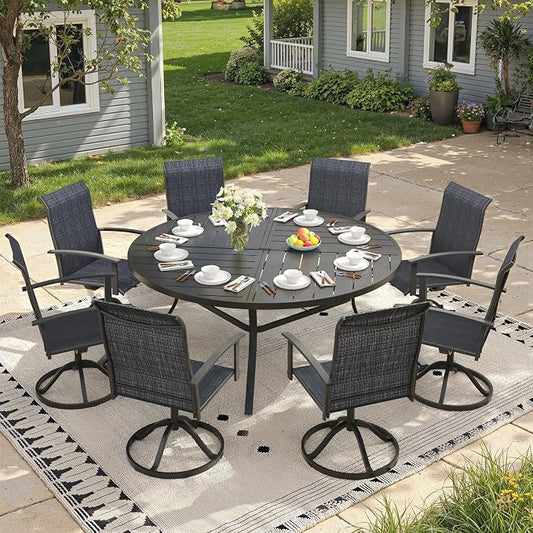 9 Pieces Round Outdoor Table and Chairs Set, Patio Dining Set with 60" Round Spliced Outdoor Table and Patio Swivel Chairs for Backyard Lawn Garden, Black Table and Black Chairs