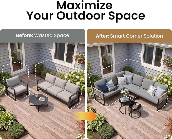 7-Piece L-Shaped Outdoor Sectional Sofa Set with Nesting Table | Hand-Woven PE Wicker, All-Weather Steel Frame, 4.3-Inch Thick Removable Cushions, Glass Coffee Table, Patio Conversation Set