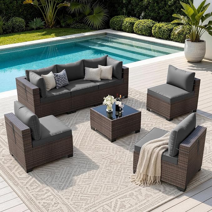 Outdoor Patio Furniture Set, 7 Pieces Outdoor Sectional Furniture Patio Sofa, All-Weather PE Rattan Patio Conversation Set with Tempered Glass Top Table & Cushions(Grey).
