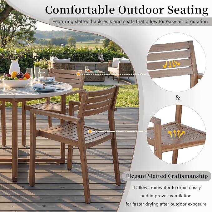 RuiSiSi 5-Piece Patio Furniture Sets for 4,Outdoor Round Dining Set for Garden, Solid Wood Table & 4 Chairs, 47.2" Round Dining Table with Slatted Design, Light Gray+Light Brown