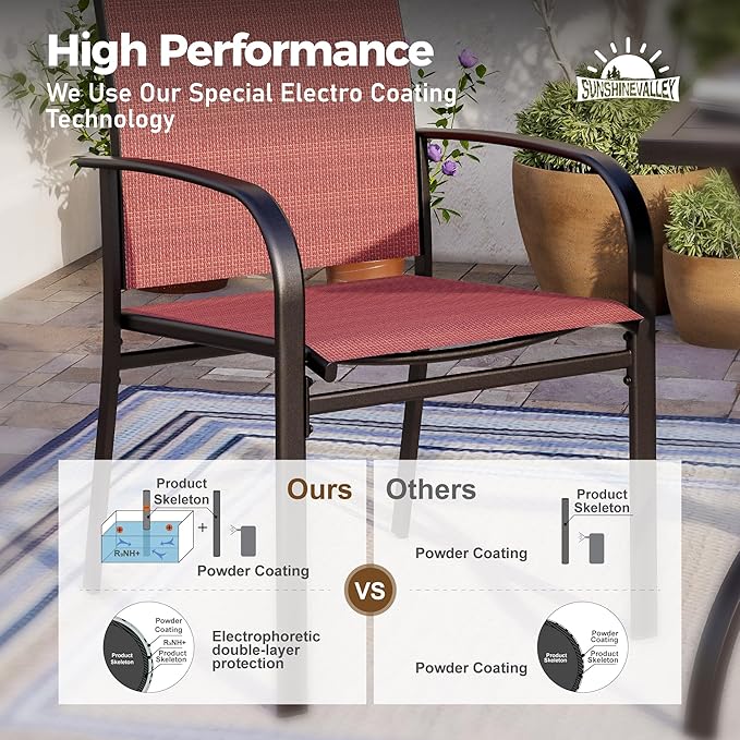 SUNSHINE VALLEY 5 Piece Patio Dining Set for 4, 42" x 42" Round Metal Table with Umbrella Hole and 4 Red Chairs, Outdoor Table and Chairs Set for Lawn Backyard and Deck