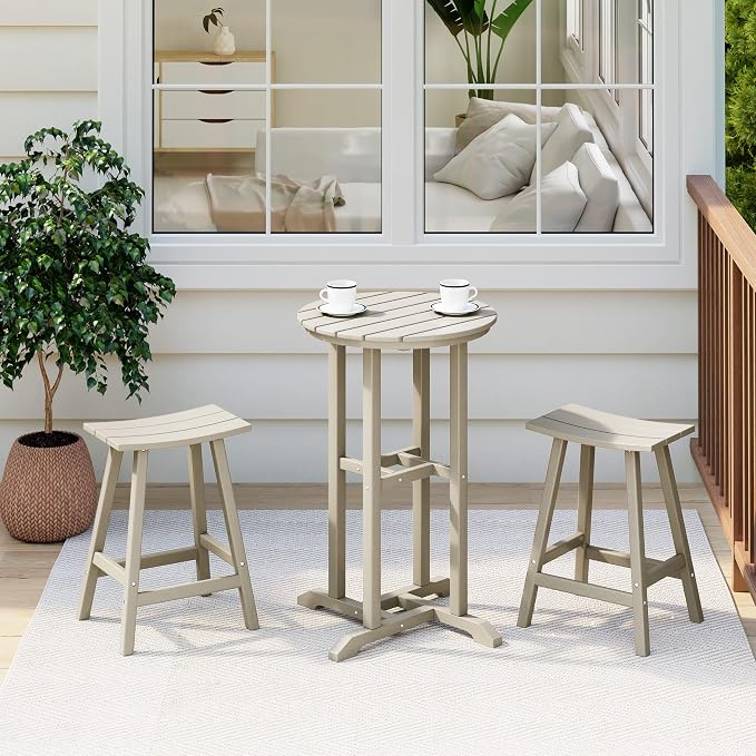 Costaelm Outdoor Bar Table, 37" Counter Height Round Patio Cocktail Bar Table, Patio Bar Table 3-Pieces Set Bistro Dining Table Pub Table for Front Porch Deck, Backyard, Garden, Sand