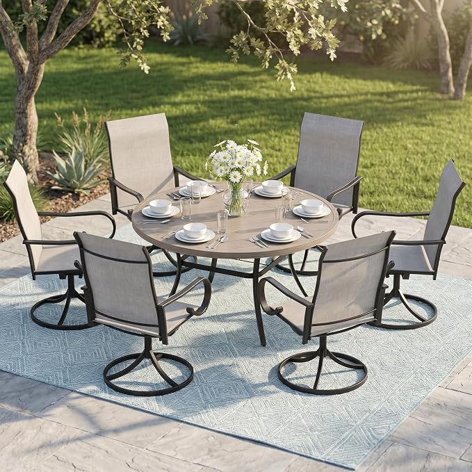 7 Pieces Patio Dining Set, 6 Outdoor Swivel Dining Chairs with 50" Round Metal Outdoor Dining Table with Umbrella Hole for Garden Backyard Deck, Grey