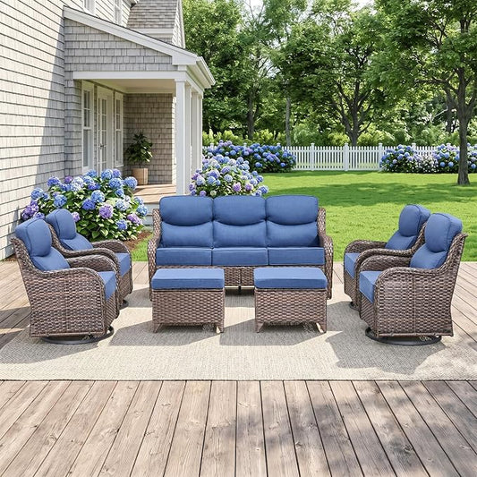 Luxury High Back Outdoor Furniture with 6-Inch Thick Cushions, Patio Furniture Set with Swivel Chairs, 7 PCS Wicker Conversation Set for Porch, Balcony, Deck and Yard