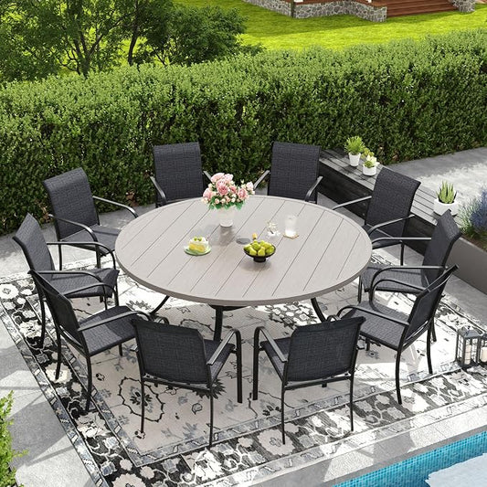 DIFY Patio Dining Set for 10, 11 Piece Outdoor Table and Chairs Set, 63" Grey Wood-Like Round Metal Patio Dining Table and Grey Textilene Stackable Patio Chairs, for Backyard Garden Poolside
