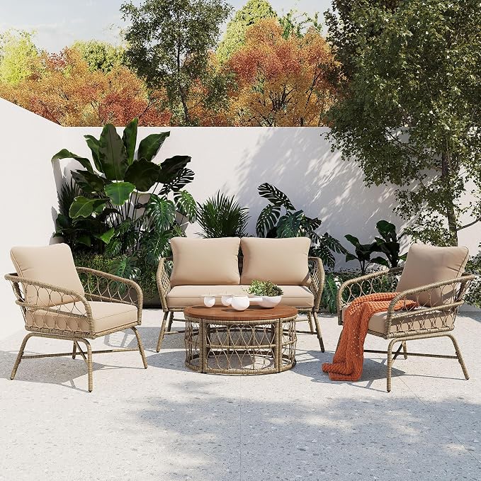 Boho 4 Person Outdoor Seating Group with Wicker and Acacia Wood Table, Patio Conversation Set with Removable Cushions, 4 Piece Outdoor Couch Set for Garden, Backyard, Poolside, Beige