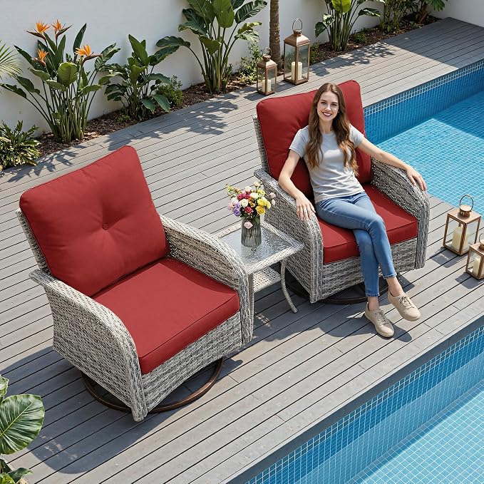 3-Piece Small Patio Furniture Set, Outdoor Swivel Rocking Chairs Set with Wicker Chairs and Tempered Glass Side Table, Outdoor Furniture Patio Bistro Set for Balcony, Deck, Porch