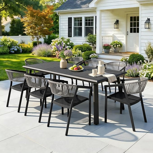 9-Piece Aluminum Outdoor Patio Dining Set with 8 Stackable Wicker Chairs | 83" Rectangular Outdoor Table with Barrel Grey Chairs Weather Resistant Furniture for Backyard, Deck, Poolside